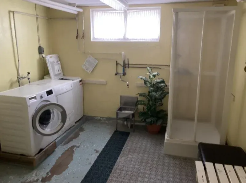 The laundry room with washing machine, tumble dryer and shower cubicle